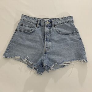 Zara Denim Shorts Button Fly Women 6 Light Blue Acid Wash Distressed Frayed Boho